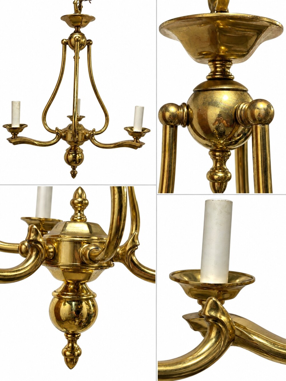 H.A. Framburg 3-Light Brass Dutch Style Dining Chandelier Candle Style Fixture - Picture 2 of 7